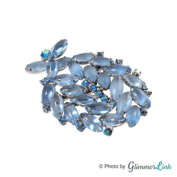 VTG Blue Navette & Aurora Borealis Rhinestones Silver Tone Mid Century Brooch - Picture 6 of 11